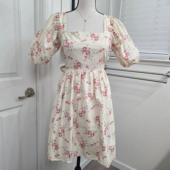 WAYF Floral Puff Sleeve Dress XS Open Back Tie Bow Cottagecore Romantic prairie - Picture 1 of 8